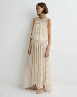 BONDI BORN Tops|Matching Separates*Capri Silk Gathered Top - Ecru Stripe ecru-stripe