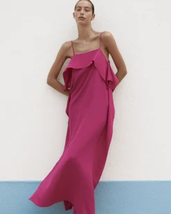 BONDI BORN Maxi Dresses|Dresses*Orta Silk Ruffle Slip Dress - magenta