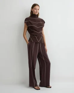 BONDI BORN Tops|Matching Separates*Orta Silk Tie Neck Top - Mocha Stripe
