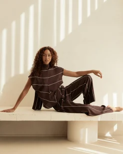 BONDI BORN Tops|Matching Separates*Orta Silk Tie Neck Top - Mocha Stripe