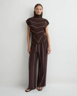 BONDI BORN Tops|Matching Separates*Orta Silk Tie Neck Top - Mocha Stripe