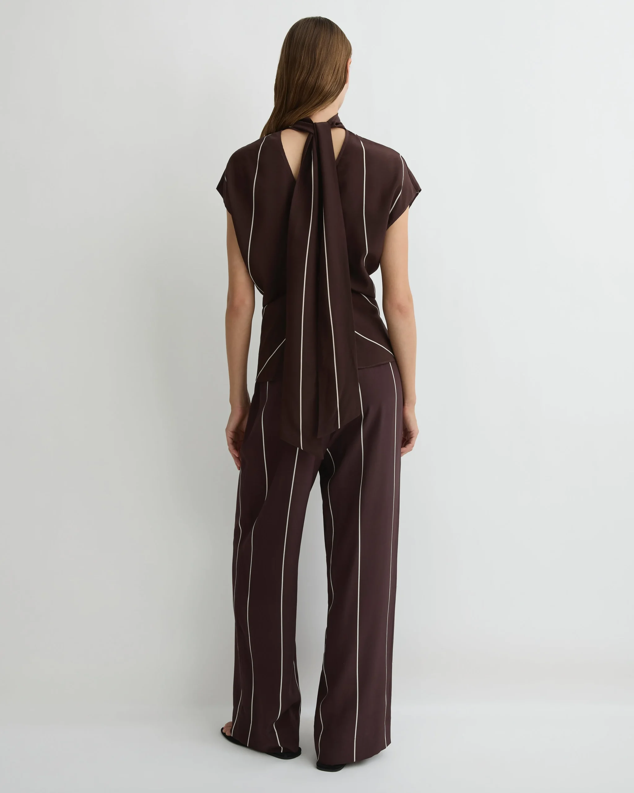 BONDI BORN Tops|Matching Separates*Orta Silk Tie Neck Top - Mocha Stripe